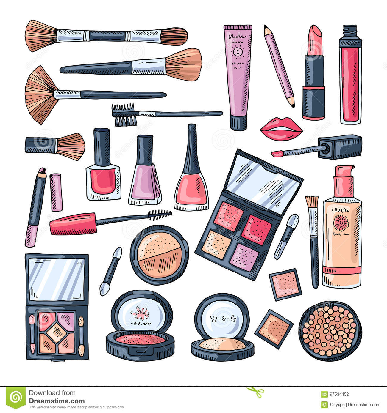 Make-Upproducten Voor Vrouwen Gekleurde Hand Getrokken Illustraties  Populair Nieuwe  Make Up Producten Tekening   Beste  Nieuwe  Make Up Producten Tekening